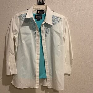 Christine Alexander White Shirt with Blue Accents